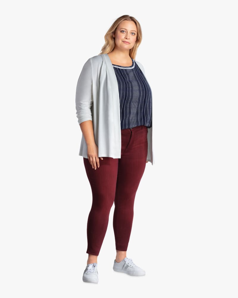 Plus size model with hourglass body shape wearing Donna Ruched Sleeve Cardigan by Prescott New York | Dia&Co | dia_product_style_image_id:113329